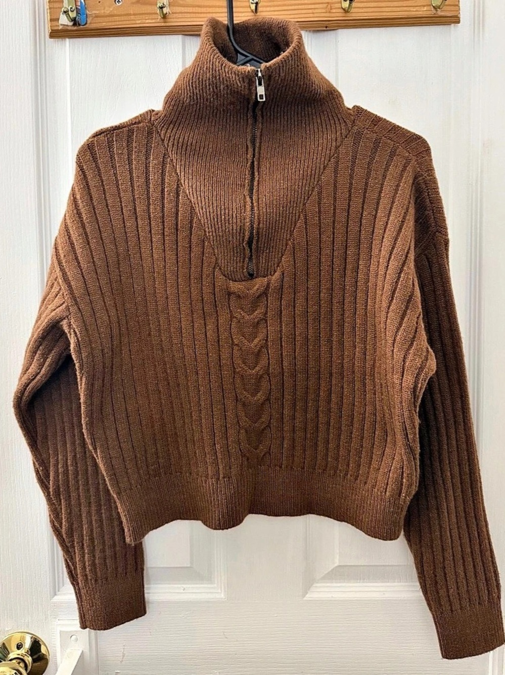 Forever 21 Cable Knit Quarter-Zip Sweater in Brown Size Small